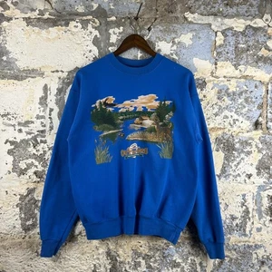 Vintage 90er Hanes Crewneck Sweatshirt Grafikdruck Hirsch Natur Outdoor Blau M - Bild 1 von 6
