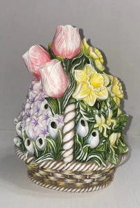 Party Lite Porcelain Floral Bouquet Basket Tealight Candle Holder 4" x 6" x 8” - Picture 1 of 8