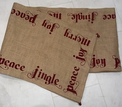 Pottery Barn Christmas Jingle Bells Burlap Table Runner 18x108 Joy Merry Red - Image 1 of 4