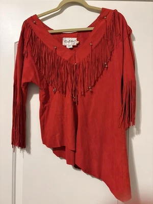 Vintage Ren Ellis Top Leather Lamb Suede Fringe Beads Size XS Red - Image 1 of 4