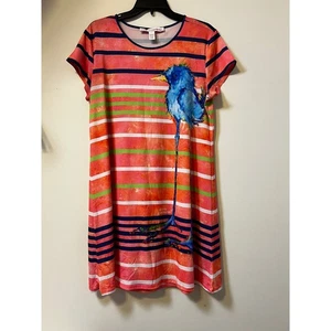 Leoma Lovegrove Petite L Coral Green Blue Bird Striped Tunic Dress Art - Picture 1 of 9