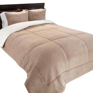 3-teiliges taupefarbenes einfarbiges King Size Sherpa Fleece Bettdecken-Set - Bild 1 von 3