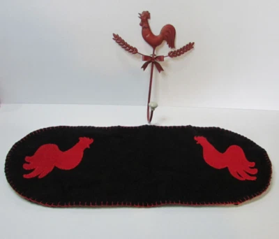 handmade wool chicken table runner black red & rooster hook country chic set - Image 1 of 4