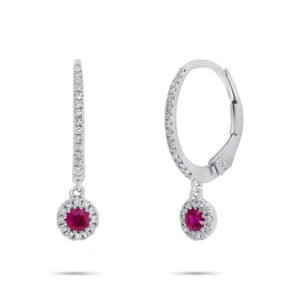 0.35 TCW 14k White Gold Natural Round Red Ruby Diamond Dangle Drop Earrings - Picture 1 of 2