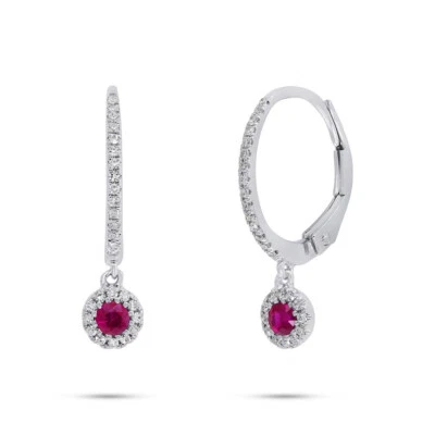 0.35 TCW 14k White Gold Natural Round Red Ruby Diamond Dangle Drop Earrings - Image 1 of 2