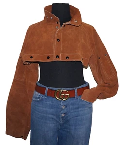 Chaqueta a presión súper recortada de cuero gamuza tostado sidra vintage GRANDE - Imagen 1 de 12