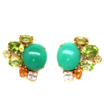 925 Silber 9 x 11 Mm. Grün Chrysopras, Peridot, Saphir & Topas Ohrringe - Bild 1 von 4
