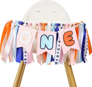 Light Blue Navy Brown Orange Pink 1St Birthday High Chair Banner - First Birthda - Picture 1 of 12