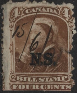 Canadá 1868 VanDam #NSB5 4c marrón, sello de billetes de Nueva Escocia, usado dañado - Imagen 1 de 2