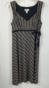 Loft Women's Black Geometric Print Dress Empire Waist With Ribbon Tie Size 10 - Picture 1 of 10