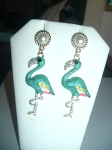 Multicolor FLAMINGO Pearl Posts CRYSTAL BEAK Betsey Johnson Pierced EARRINGS-NWT - Picture 1 of 5
