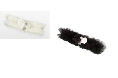 Liguero de tul y satén con joyas - marfil o negro - ligas de novia de boda Foto 1 de 3