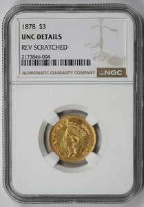 1878 Indian Princess Head Three Dollar Gold $3 UNC Details NGC - Picture 1 of 4