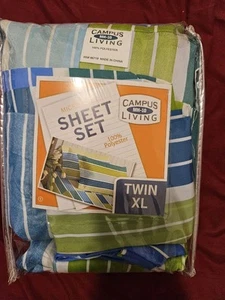 Striped Sheet Set Twin XL, Lime Green, Blue And White - Picture 1 of 2