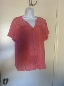 Ladies ERIKA Peach Short Sleeve Button Up Laced Decor Blouse XL - Picture 1 of 5