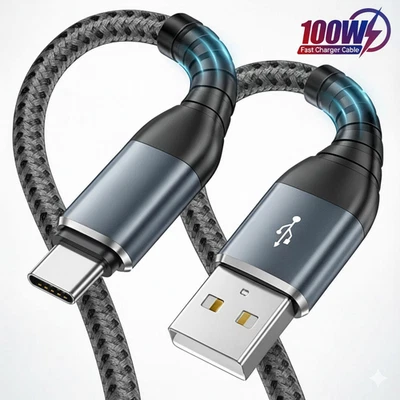 USB A to Type C Cable 6A 66W Fast Charger Braided Long USB C Lead 0.25M 1M 2M 3M - Image 1 of 4