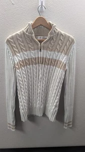 Vintage Tommy Hilfiger Cream Beige Womens Cableknit Quarter Zip Sweater L Preppy - Picture 1 of 10
