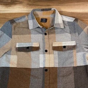 H&M Flannel Shirt Mens Medium Plaid Button Up Long Sleeve Tan Brown Gray - Picture 1 of 9