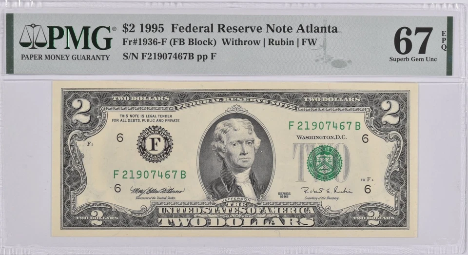 PMG Superb Gem Unc 67 EPQ $2 1995 Atlanta, GA US FRN Fr#1936-F *2645 - Image 1 of 3