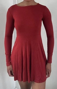 Forever 21 - Long Sleeve Ribbed Jersey Skater Dress - Rust Orange - Size S - Picture 1 of 5