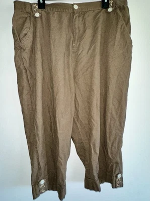 Pantalones Cortos Capri Erika Mujer Talla 2X Marrón Mezcla de Lino Acentos Bordados Foto 1 de 4