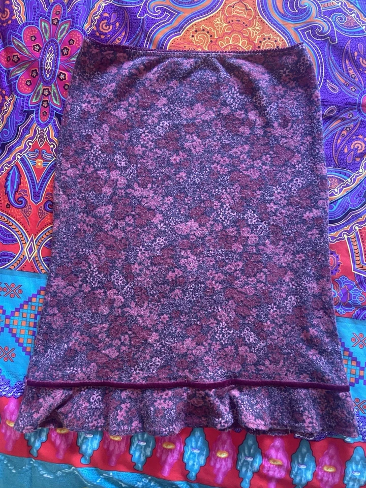 Vintage Top Shop Pink Floral Stretch Pencil Knee Skirt Velvet Burgundy Trim 16 - Image 1 of 4