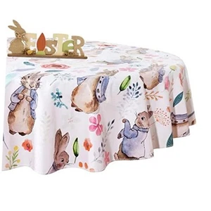 Easter Round Table Cloth - 60 Inch Waterproof Rabbit Flower Pattern - Picture 1 of 7