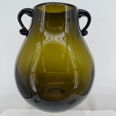 Vtg Olive Green Blown Glass Vase Black Handles Decorative Amphora Home Decor - Image 1 of 4