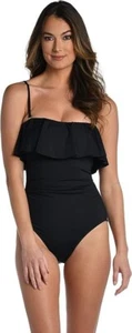 La Blanca Size 10 Black One Piece Swimsuit Ruffle Bandeau Island Goddess NWT - Picture 1 of 11
