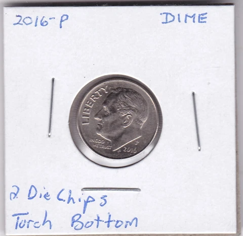 2016-P Roosevelt Dime 2 Die Chips Bottom Of Torch Cover