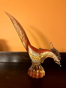 Murano Hand Blown Art Glass Amber, Red & White Roadrunner Figurine Bird 12.5" - Picture 1 of 11