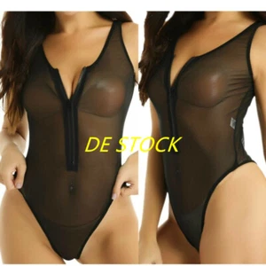 DE Damen Transparent Body Mesh Nachtwäsche Sexy Stringbody Teddy Dessous Schwarz - Picture 1 of 15