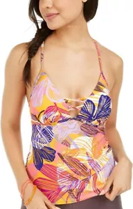Hula Honey Palm Play Tropical Floral Printed V-Neck Tankini Swimsuit Top, Size S - Picture 1 of 6