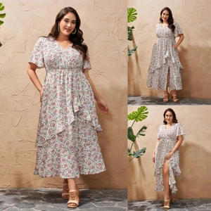 Plus Size Boho Women V-Neck Ruffle Floral Short Sleeve Midi Dress Party Dresses - Picture 1 of 22