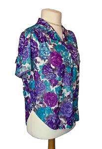 Turquoise Blue & Purple Floral Cap Sleeve Blouse 14 - Picture 1 of 8