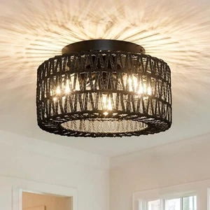 12" Rattan Light Fixtures Ceiling Mount, 3-Lights Boho Flush Mount Ceiling Light - Picture 1 of 14