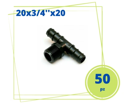 PLASTICA ALFA TEE T A 90° PORTAGOMMA FILETTATO 20X3/4''X20 MASCHIO TUBI IN POLIETILENE PE PP