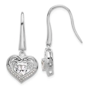 925 Sterling Silver CZ Heart Dangle Earrings - Picture 1 of 4