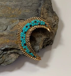 Vintage Trifari Krone Alfred Phillippe Faux Türkis und Saphir Blatt Anstecknadel Brosche - Bild 1 von 10