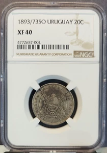 1893/73 SO URUGUAY SILVER 20 CENTAVOS 20C NGC XF 45 NICE OVERDATE LOW MINTAGE - Picture 1 of 3