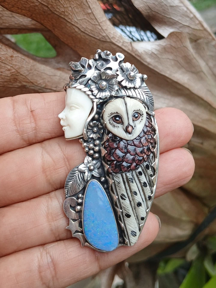 Colgante Diosa Búho Plata de Ley 925 Tallado Hueso de Búfalo Colgante Foto 1 de 4