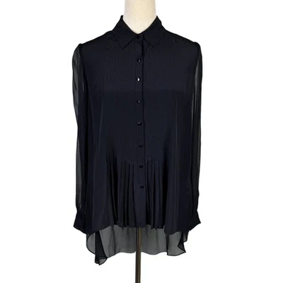 Elizabeth and James S 100% Silk Black Long Sleeve Sheer Button Down Tunic Blouse - Image 1 of 4