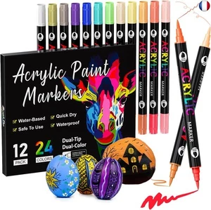 Feutre Acrylique, 24 Couleurs 12 Pièces Marqueurs Peinture Acrylique pour  - Photo 1/8