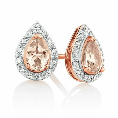 1ct Natural Morganite & Diamond Halo Stud Women Earrings 14k Solid Rose Gold - Image 1 of 4