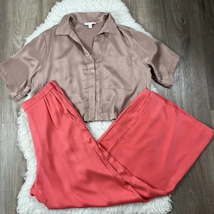 Lunya washable silk high rise pants pajama set S Small Coral Tan Mismatched - Picture 1 of 14