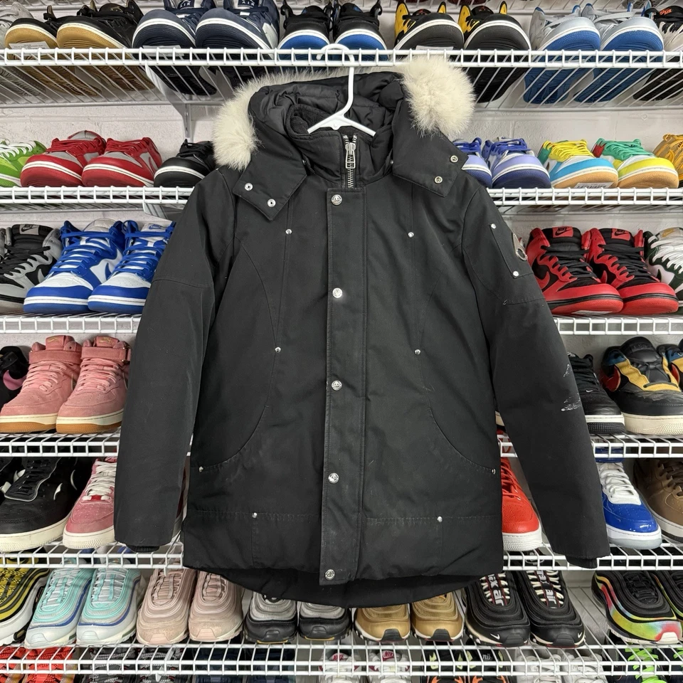 Moose Knuckles Canada Down Filled White Fur Black Winter Coat Youth Size L - Image 1 of 4