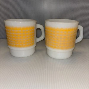 2 Vintage Anchor Hocking Fire King Gingham Yellow Milk Glass Mug Cups Nice! - Picture 1 of 12