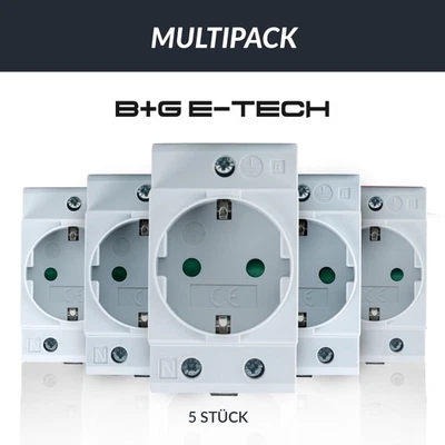 B+G E-TECH Vorteilspack - 5x Schuko- Einbausteckdose für DIN Hutschiene (GRAU)