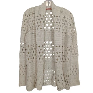 KUNA Cardigan Ivory Alpaca Sweater Women M Open Knit Crochet Boho Peru - Picture 1 of 15