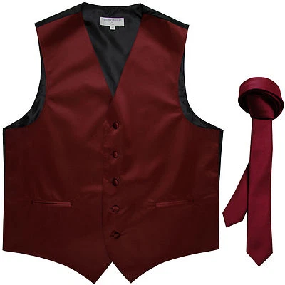 New Men's Formal Tuxedo Vest Waistcoat_1.5" skinny Necktie burgundy wedding - Image 1 of 4